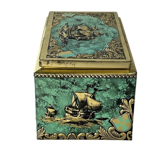 Vintage Tin Cigar Container Made In West Germany Ship Motif Green Teal Gold 8"L - Picture 6 of 7